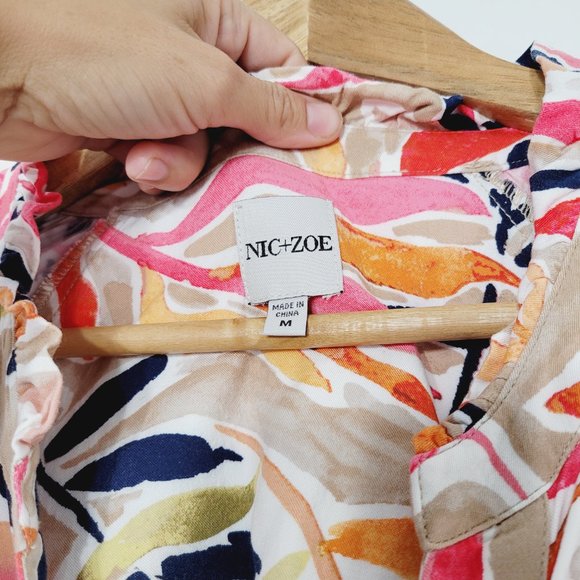 Nic+Zoe Long Sleeve Blouse Shirt Top Multicolor Leaf Print Notch Neck Stretch M - Picture 2 of 10